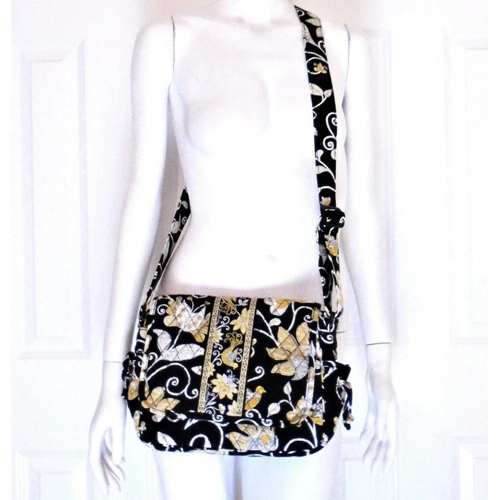 Vera Bradley Messenger Laptop Computer Bag Purse Tote Retired Black Yellow Bird